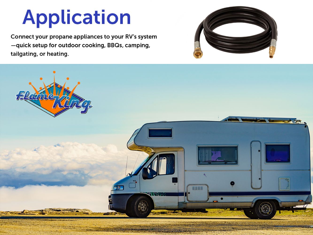 Flame King low pressure gas flare fitting hose, 72 inch length, 3/8 inch ID, designed for RV, van, and trailer use.