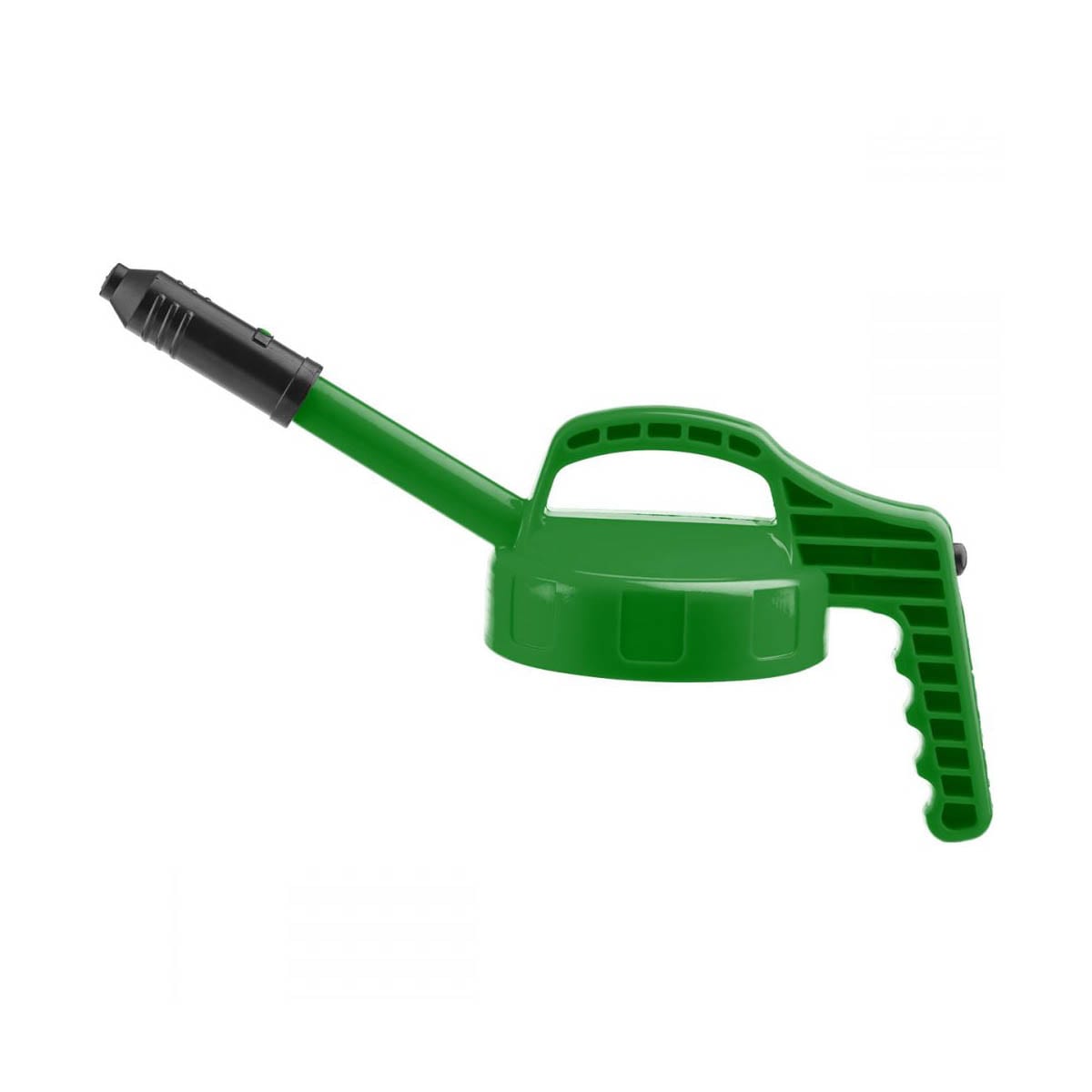 OilSafe Stretch Spout controlled-flow oil transfer lid on a DRIVEN Racing Shop transfer container, green color, designed for precise oil pouring.
