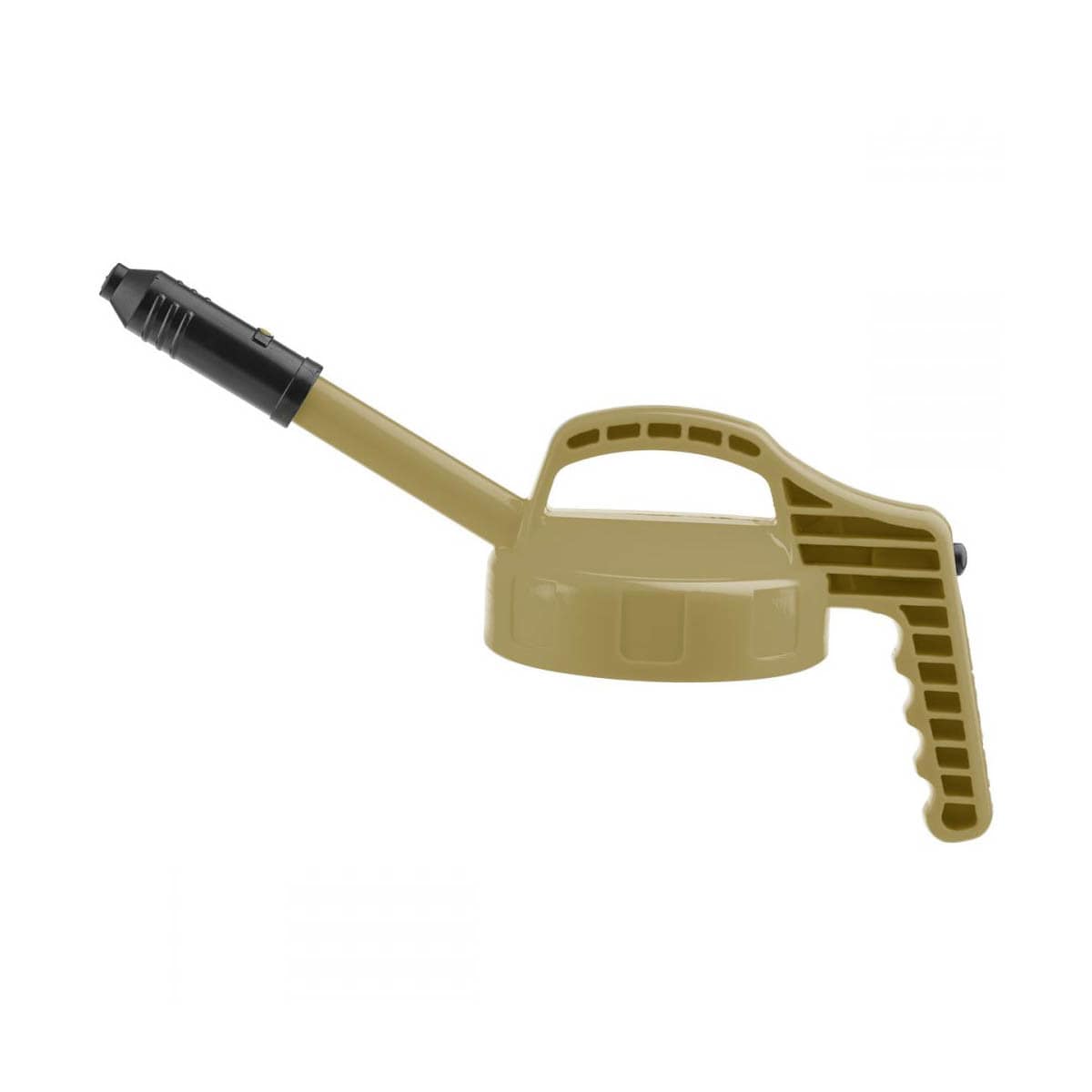OilSafe Stretch Spout controlled-flow oil transfer lid on DRIVEN Racing Shop transfer container, tan color, designed for precise oil pouring.