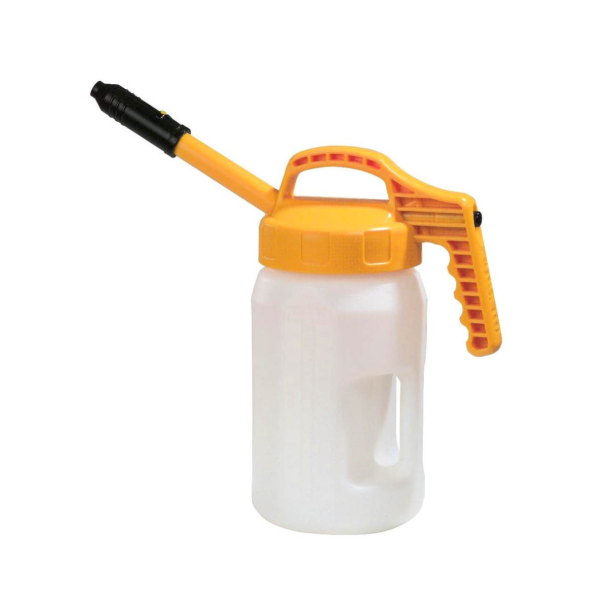 Yellow OilSafe Stretch Spout controlled-flow oil transfer lid on DRIVEN Racing Shop transfer container for precise oil pouring.