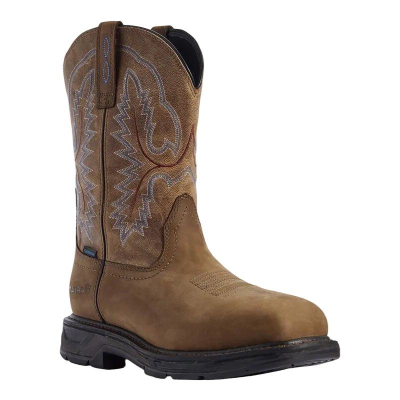 Brown cowboy boot with intricate stitching on a beige background