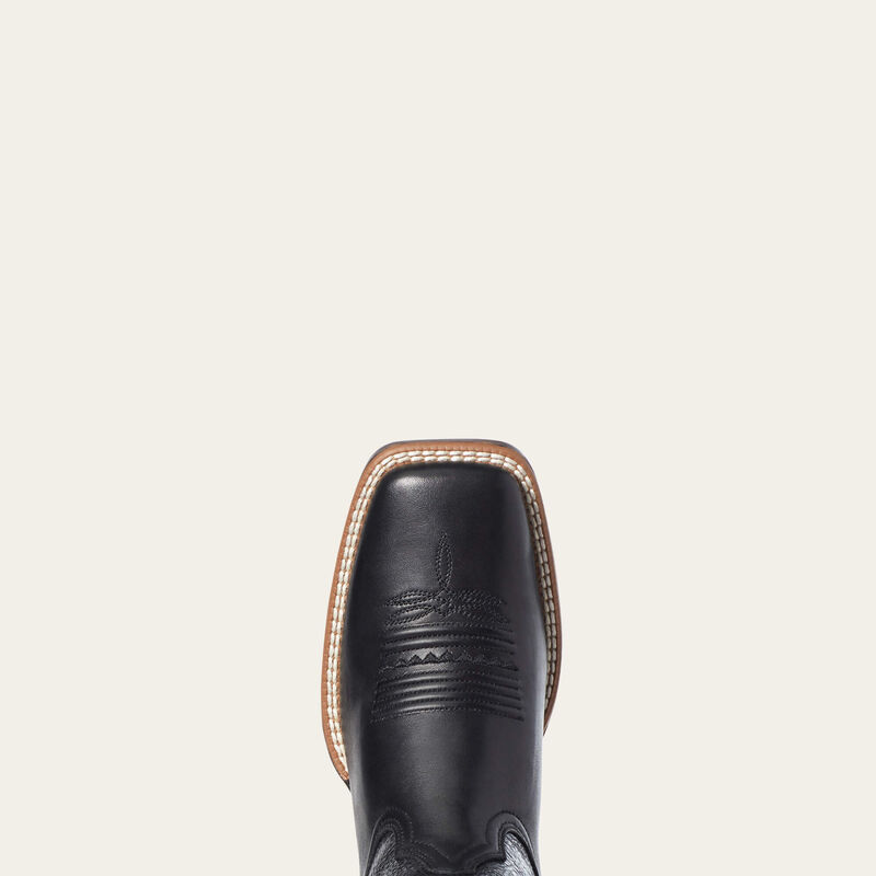 Black Ariat women's Western boots with decorative toe warm stitching and classic cowboy boot design.