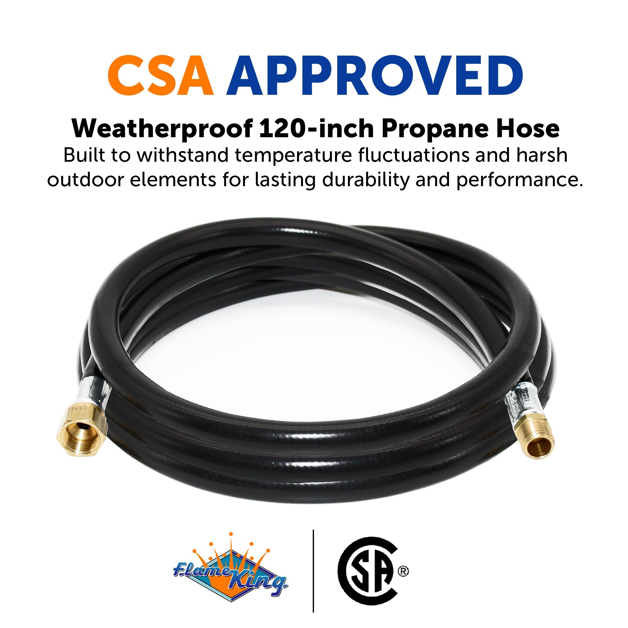Flame King propane regulator to gas piping rubber hose assembly, 120-inch, 3/8-inch ID for RVs and travel trailers