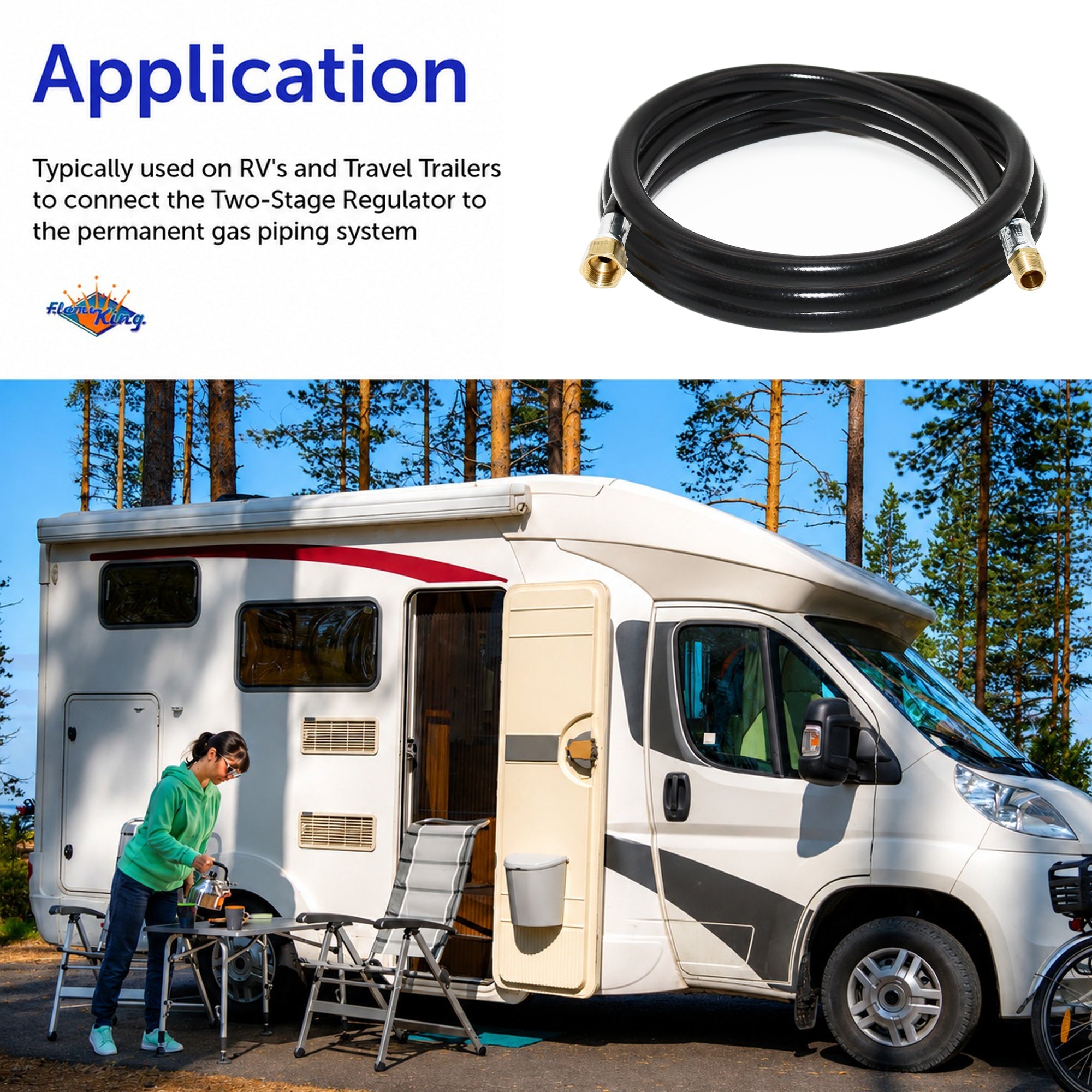 Flame King propane regulator to gas piping rubber hose assembly, 120-inch, 3/8-inch ID for RVs and travel trailers.