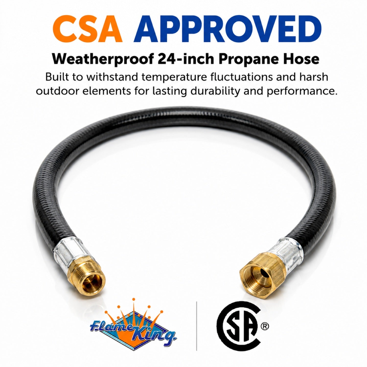 Flame King 24-inch propane hose assembly for LP and natural gas, 3/8 inch diameter, flexible thermo plastic material.