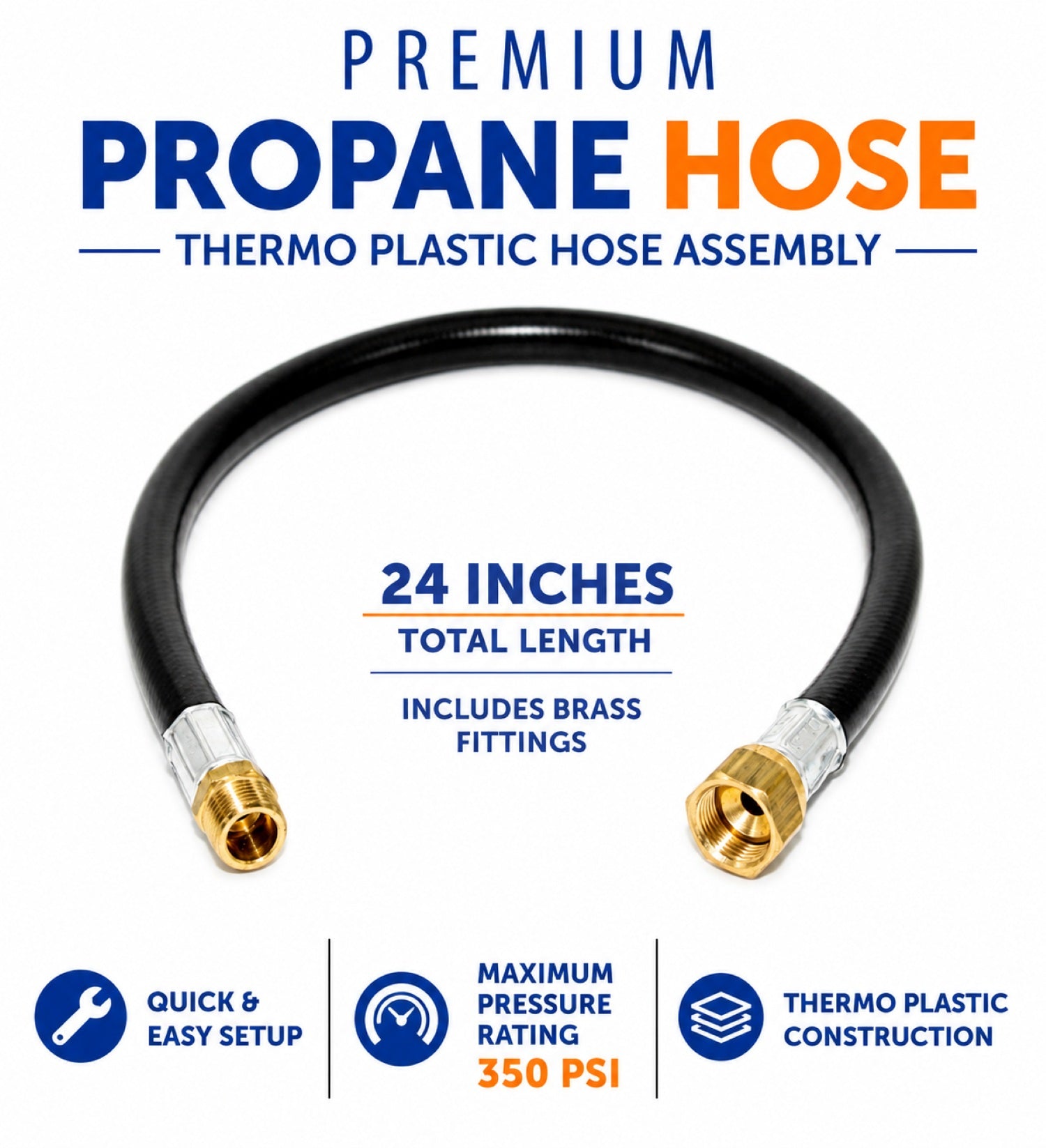Flame King 24-inch propane hose assembly with 3/8 inch fittings for LP and natural gas, flexible thermo plastic hose.