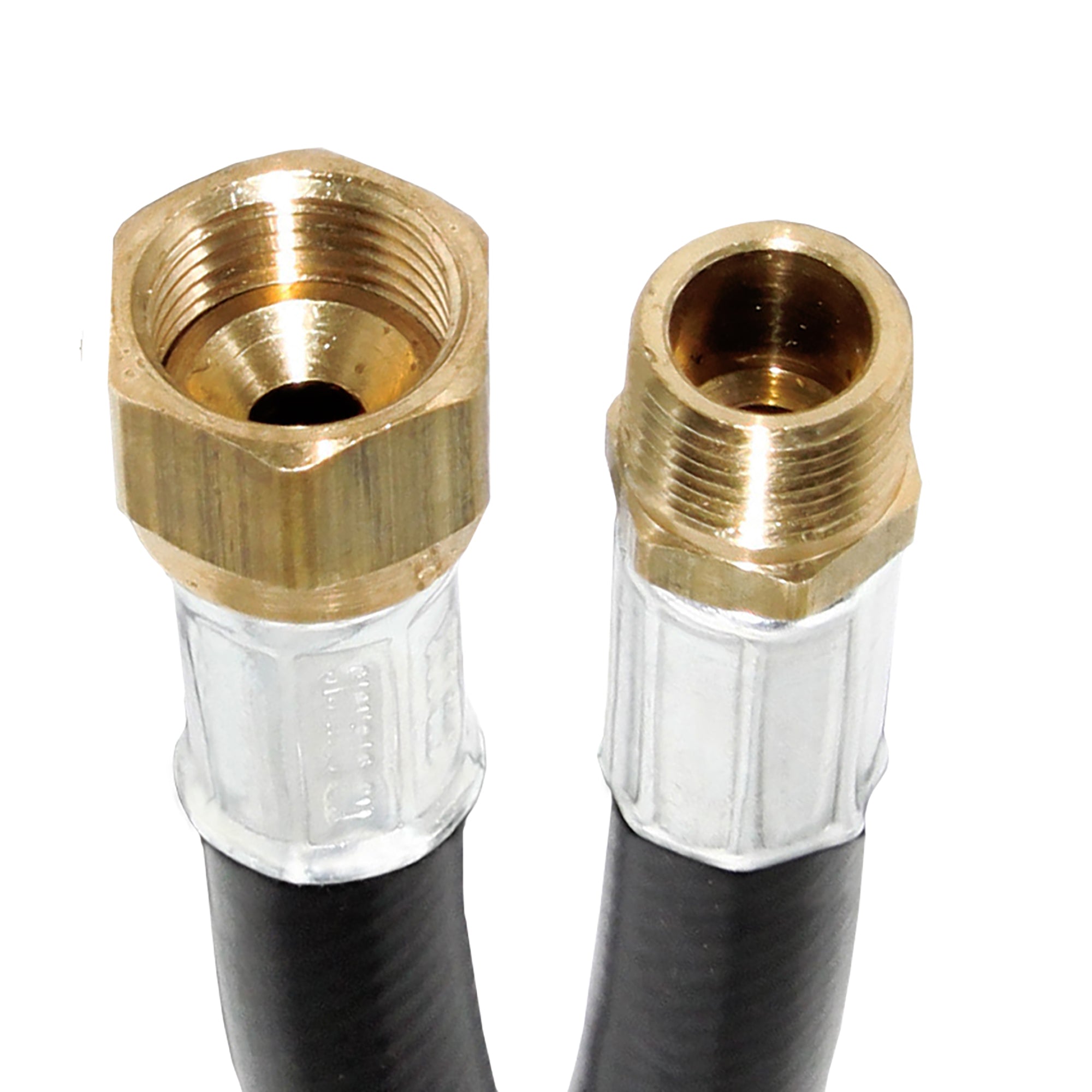 Flame King 24-inch propane hose assembly with 3/8 inch fittings for LP and natural gas, made of durable thermo plastic.