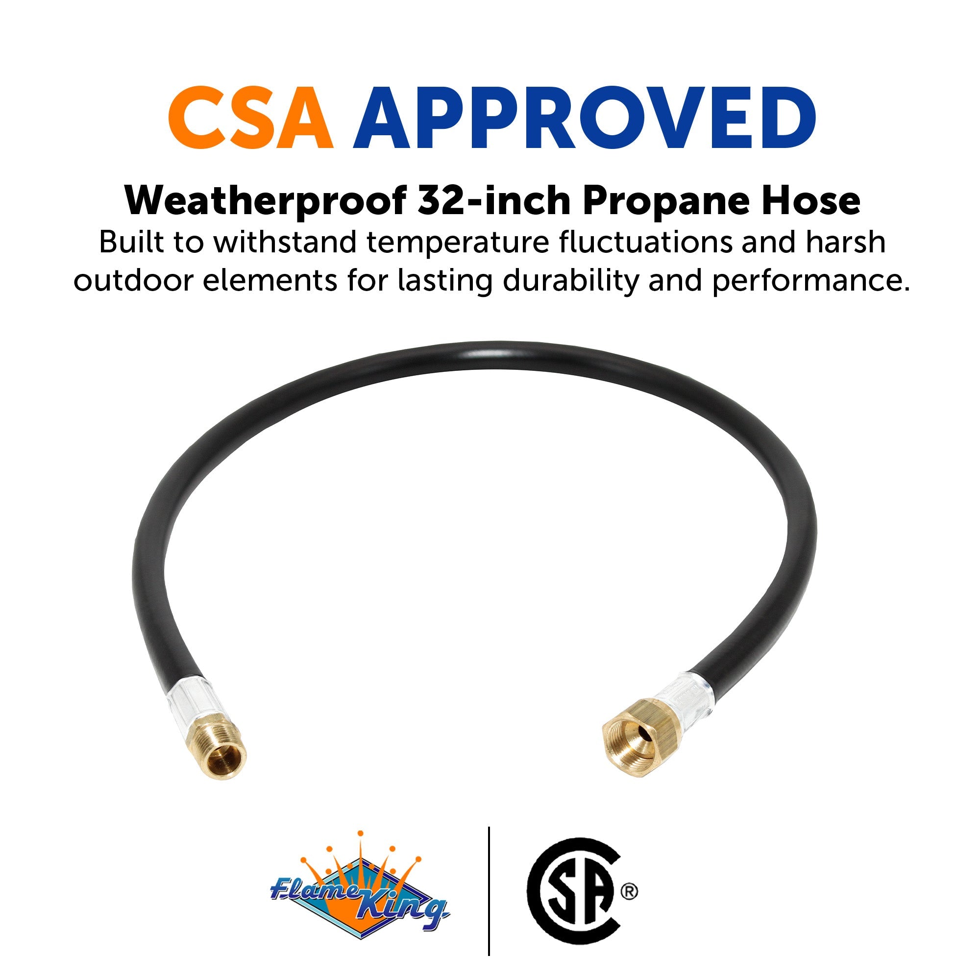 Flame King 32-inch propane and natural gas hose assembly with 3/8 inch fittings, flexible thermo plastic material for safe gas transfer.