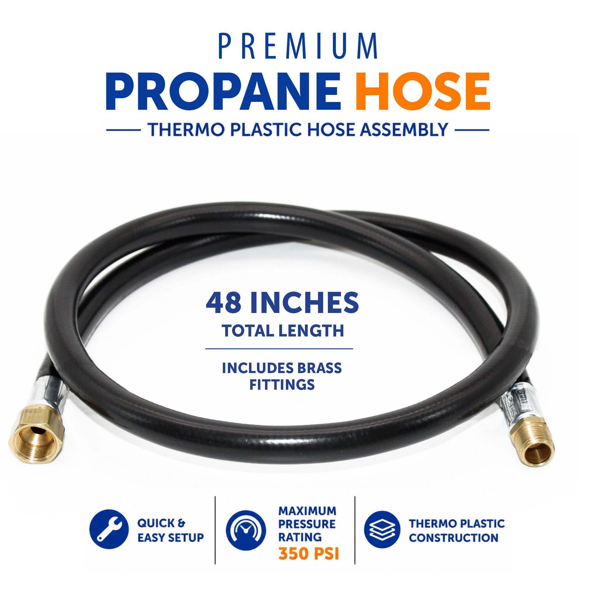 Flame King 48-inch propane hose assembly for LP and natural gas, 3/8 inch diameter, flexible and durable gas hose.