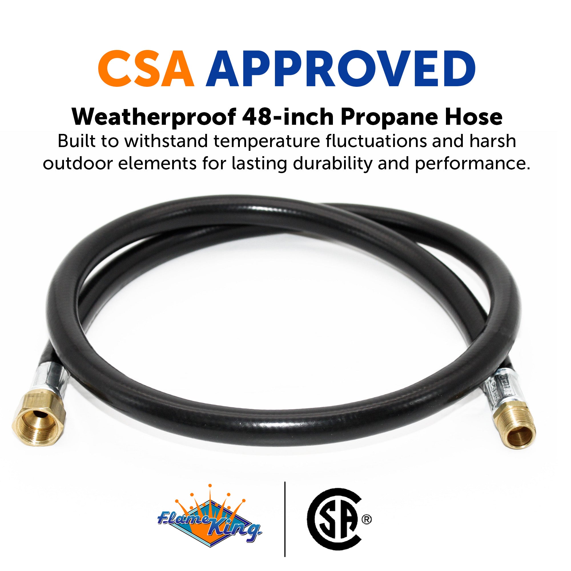 Flame King 48-inch thermo plastic hose assembly for LP and natural gas, 3/8 inch diameter, suitable for propane and gas connections.
