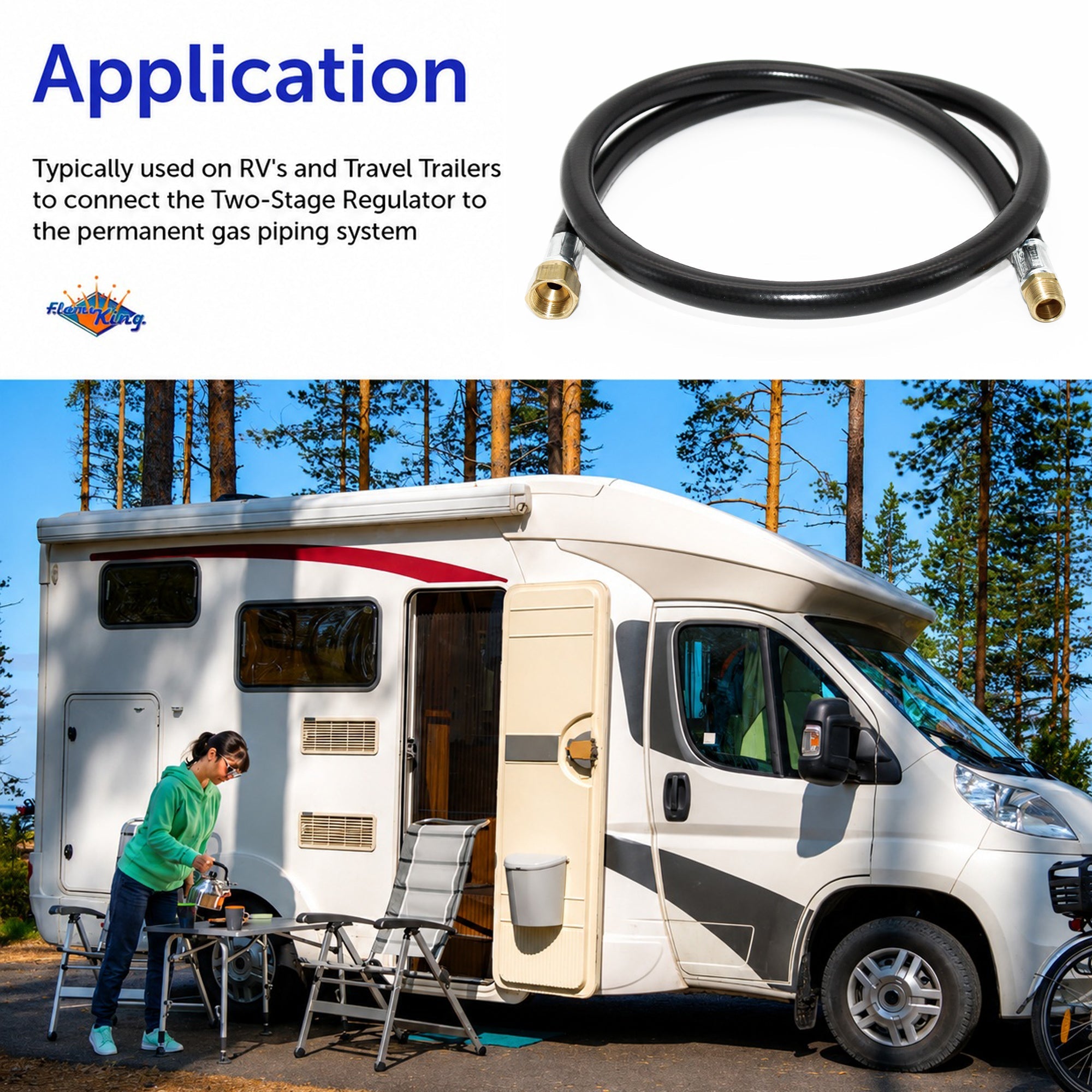 Flame King 48-inch propane hose assembly for LP and natural gas, 3/8 inch diameter, flexible and durable plastic hose.