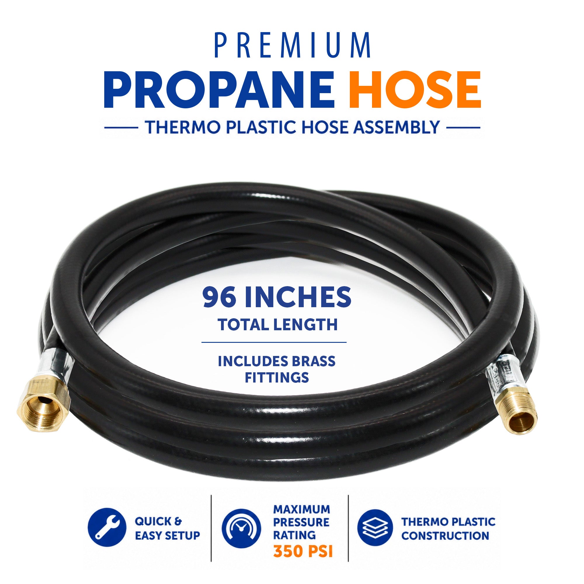 Flame King 96-inch propane hose assembly for LP and natural gas, 3/8 inch, flexible thermoplastic hose with fittings.