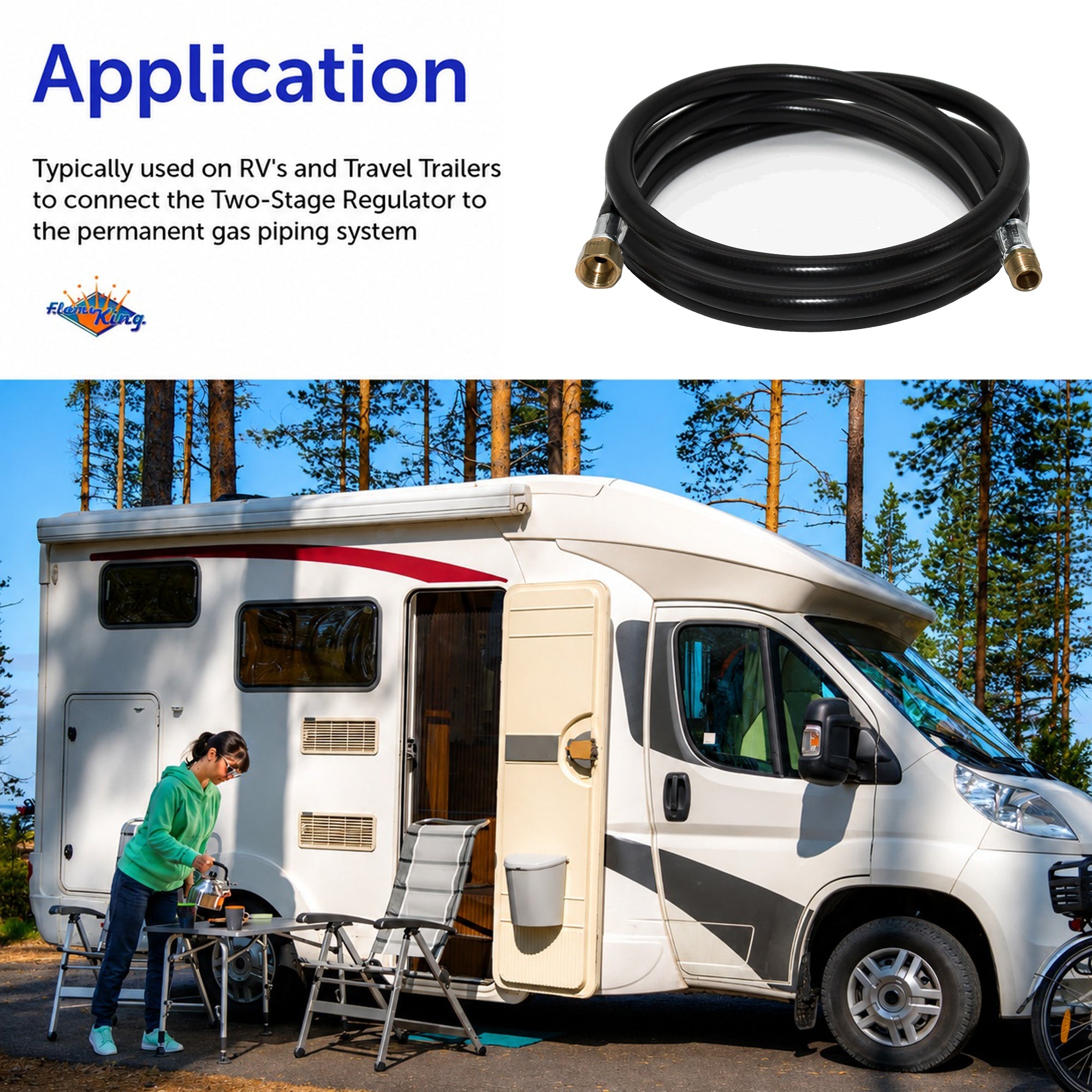 Flame King 96-inch propane hose assembly for LP and natural gas, 3/8 inch diameter, flexible plastic hose with fittings.