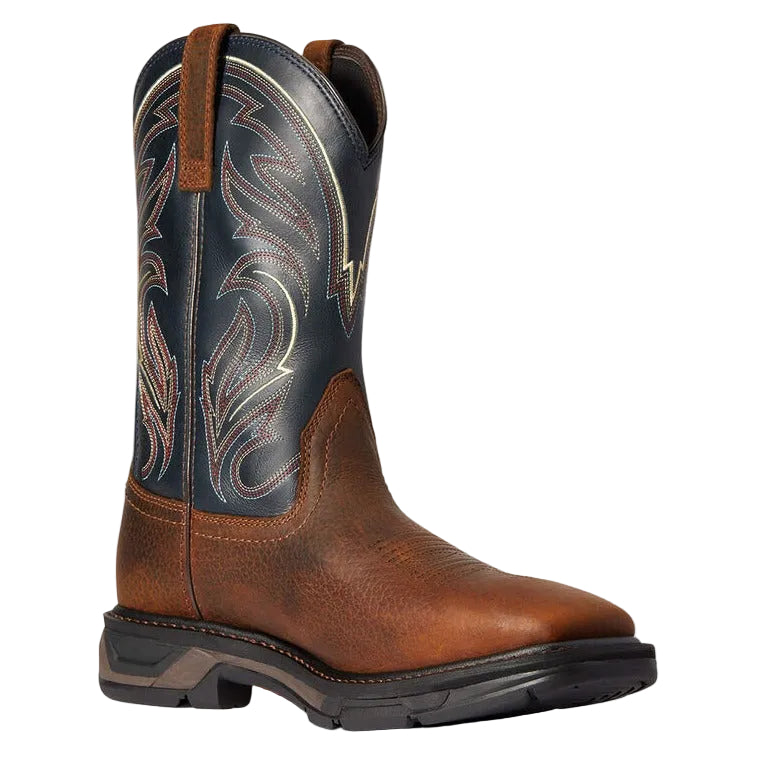 Brown cowboy boot with intricate design on a white background
