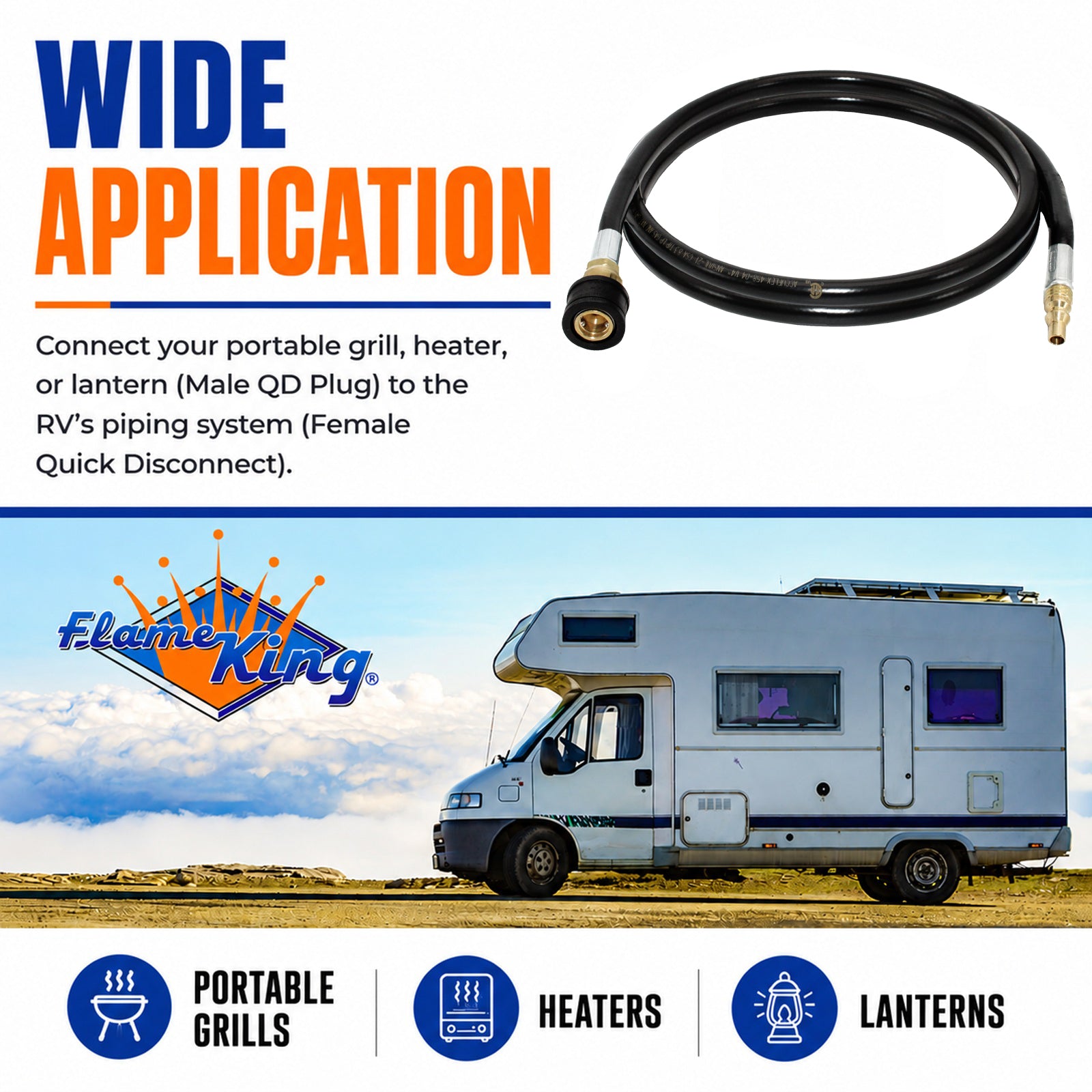 Flame King RV, Van, Trailer, Dual Quick Connect Hose, LP Gas Only, 72 Inch, 1/4 Inch