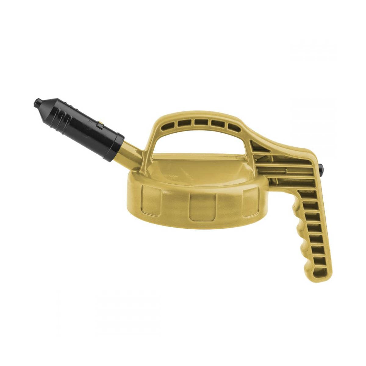 OilSafe Mini Stretch Spout lid by DRIVEN for low-flow oil transfer; tan plastic with flexible spout for precise pouring.