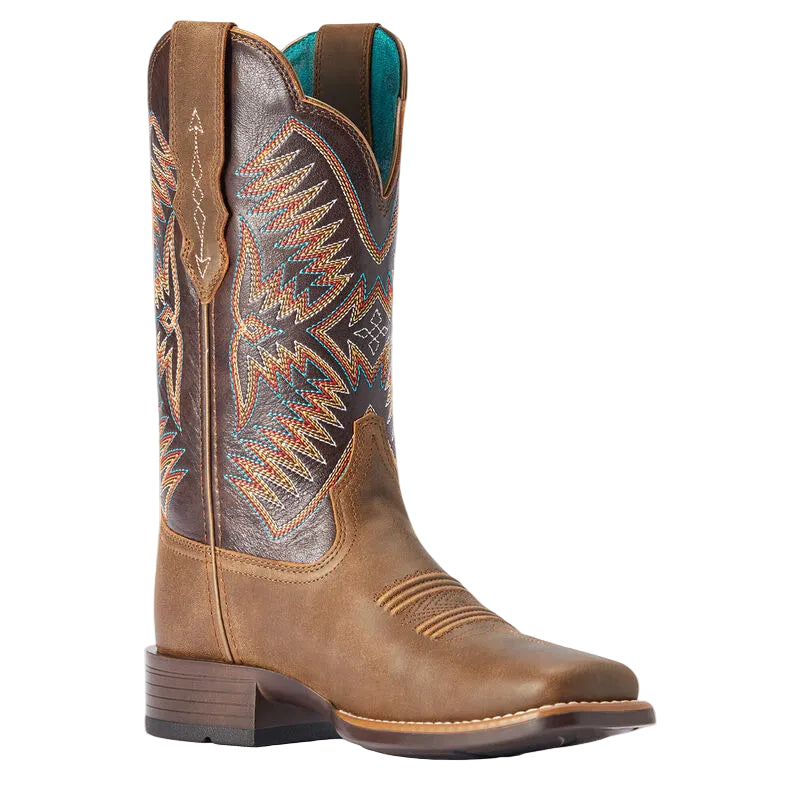 Brown cowboy boot with intricate design on a beige background