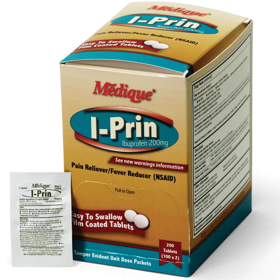 I-Prin medicine and topicals box containing 200 units, featuring packaging with medical branding and product information.