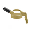 Drivens OILSAFE Stumpy Spout lid for high-flow oil and fluid transfer on beige transfer container, racing shop equipment.