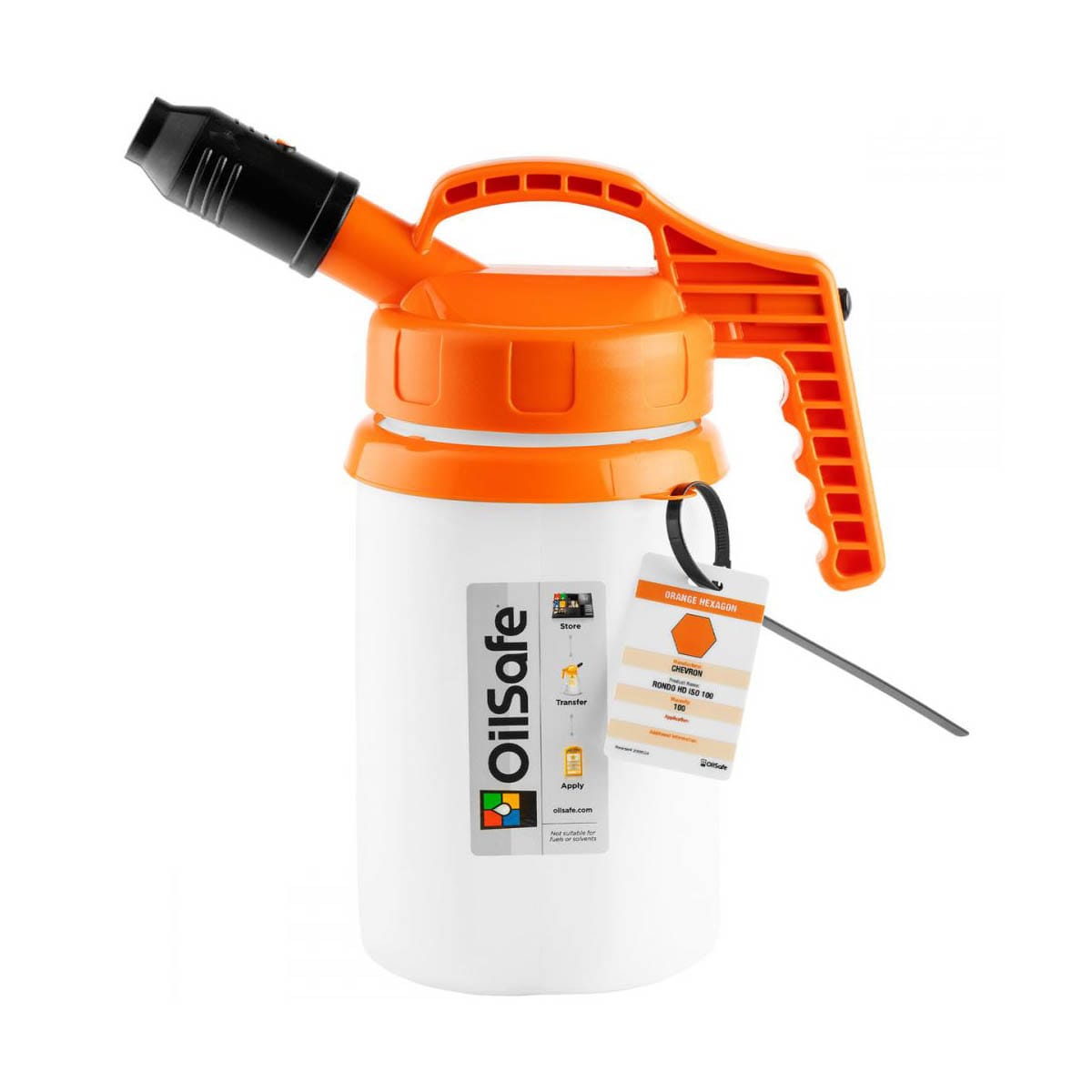 Orange OILSAFE Stumpy Spout lid for high-flow oil and fluid transfer on DRIVEN racing transfer containers.
