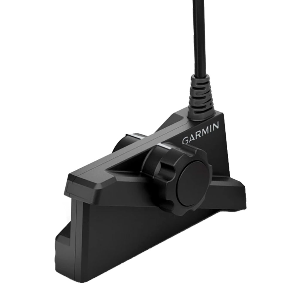Garmin LiveScope Plus LVS34-IF ice fishing transducer displayed on a white background, designed for underwater sonar imaging.