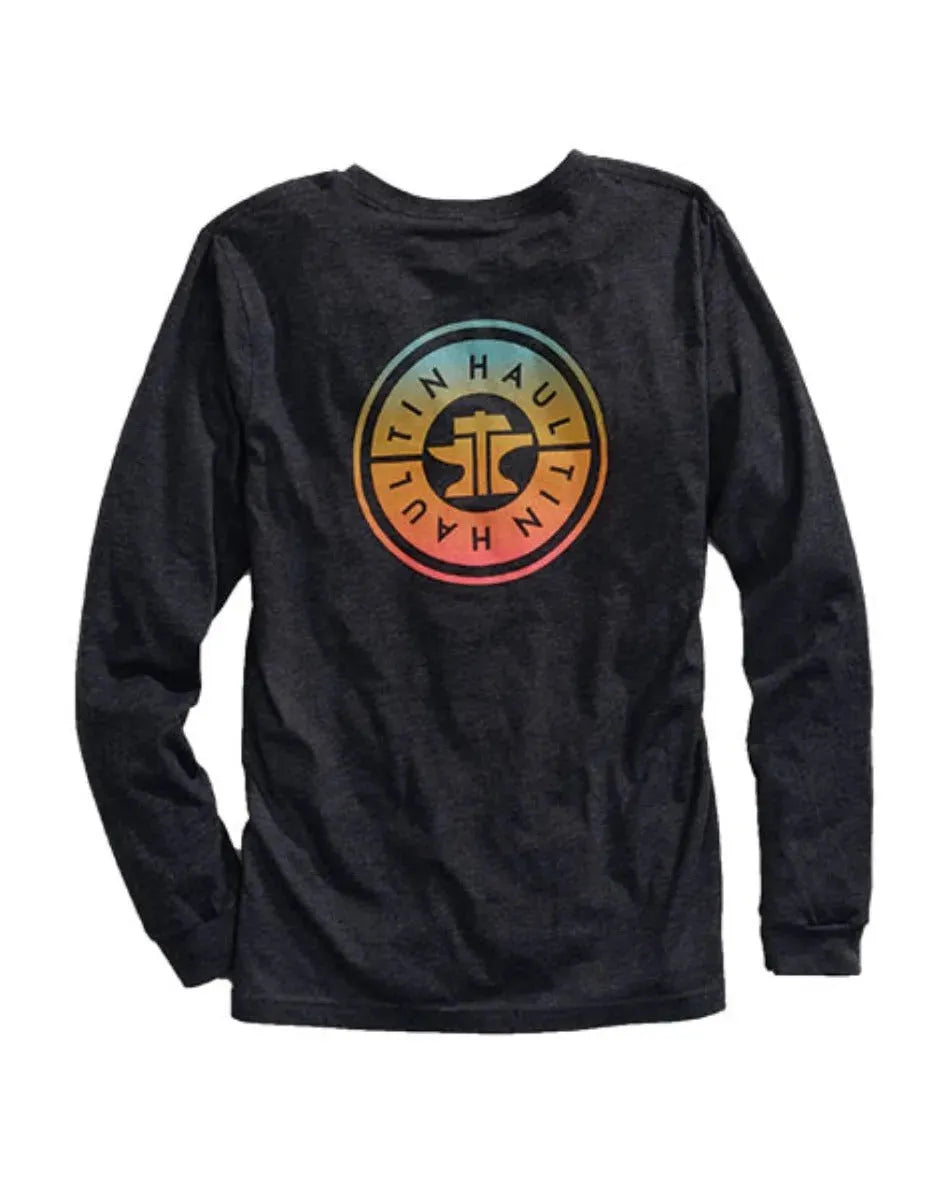 Men's grey Western long sleeve shirt by Tin Haul with ombre logo design, casual apparel perfect for western style enthusiasts.