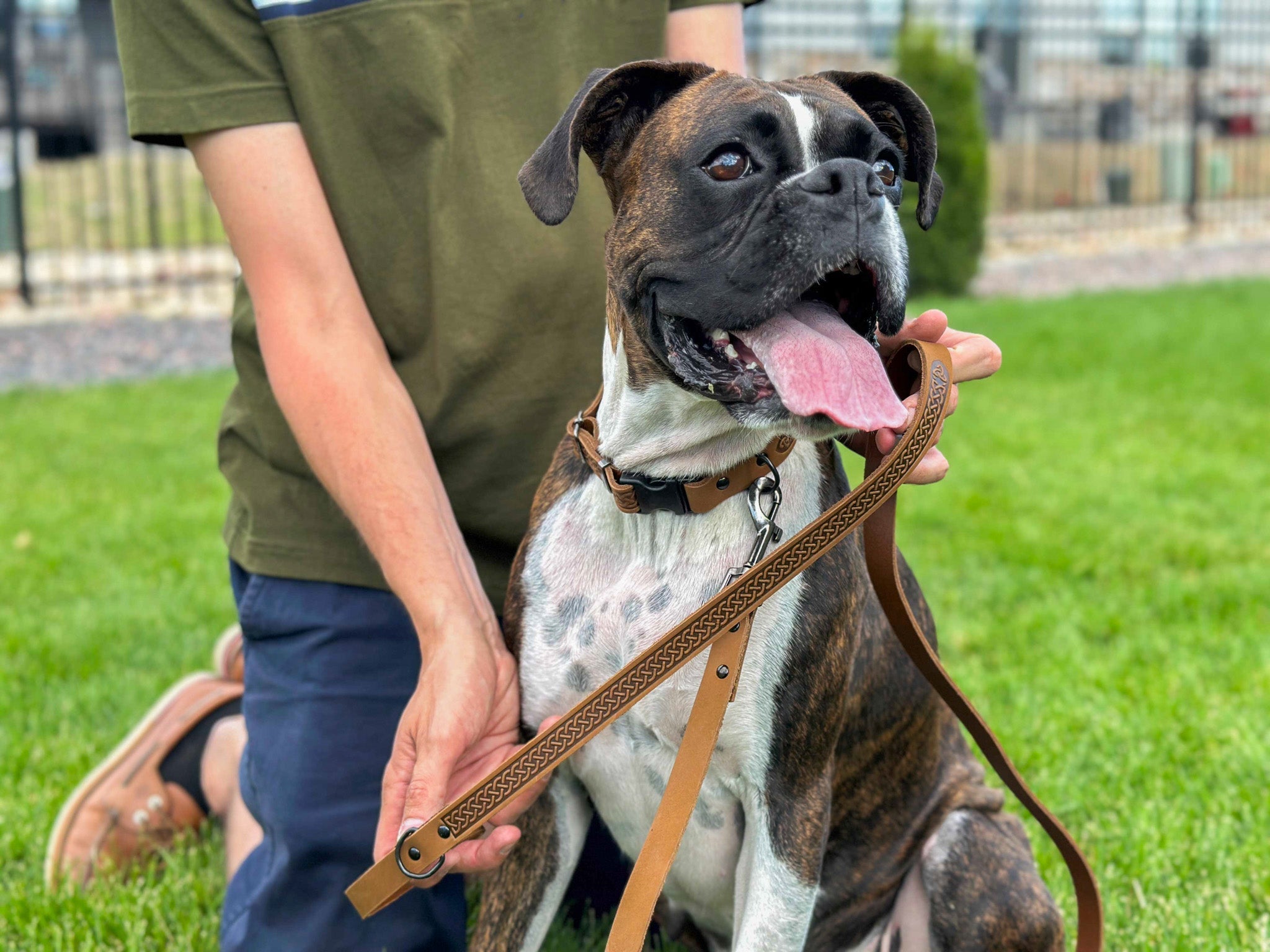 Celtic Sport Earth Brown Leather Dog Leash by Euro-Dog Collars and Leads, showing a durable leather dog leash with metal clasp.