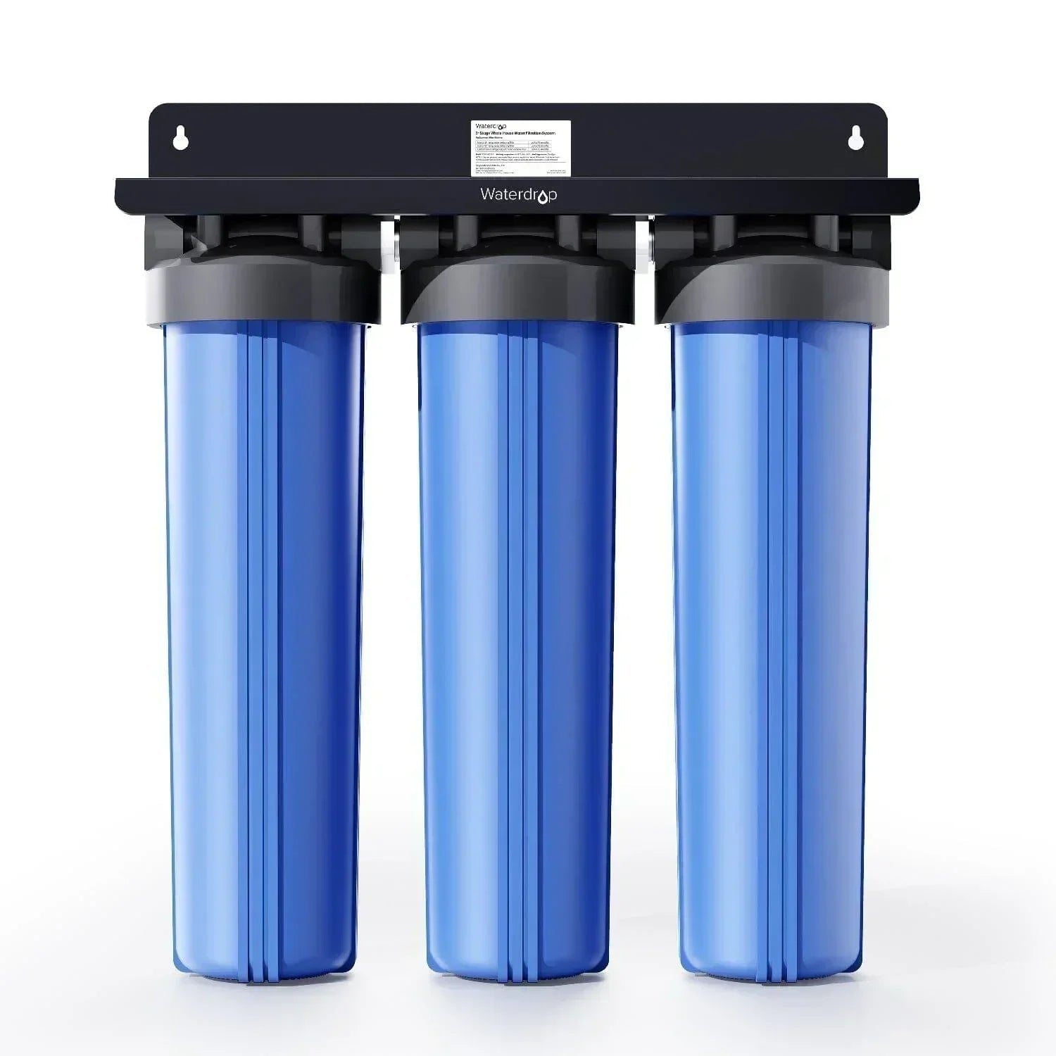 Green Vista Living Waterdrop 3-Stage Whole House Water Filter System showing filter units for reducing iron and manganese in water