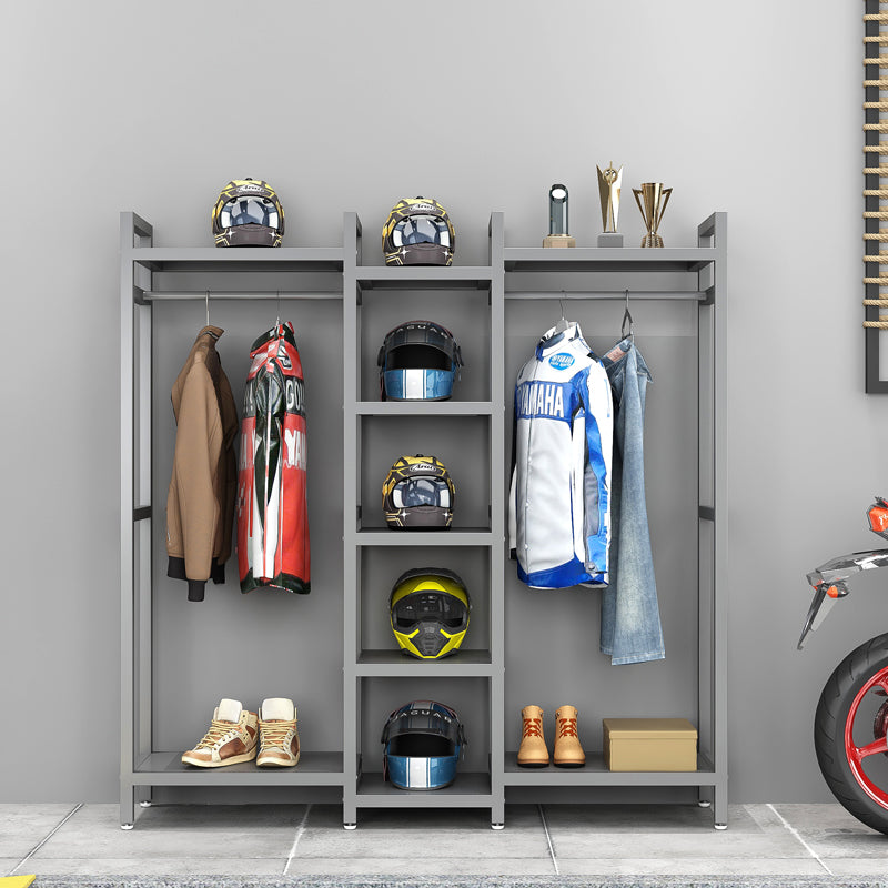 Bean's Moto Booth HSQ™ motorcycle gear storage rack with hooks and shelves for organizing helmets, jackets, and accessories.