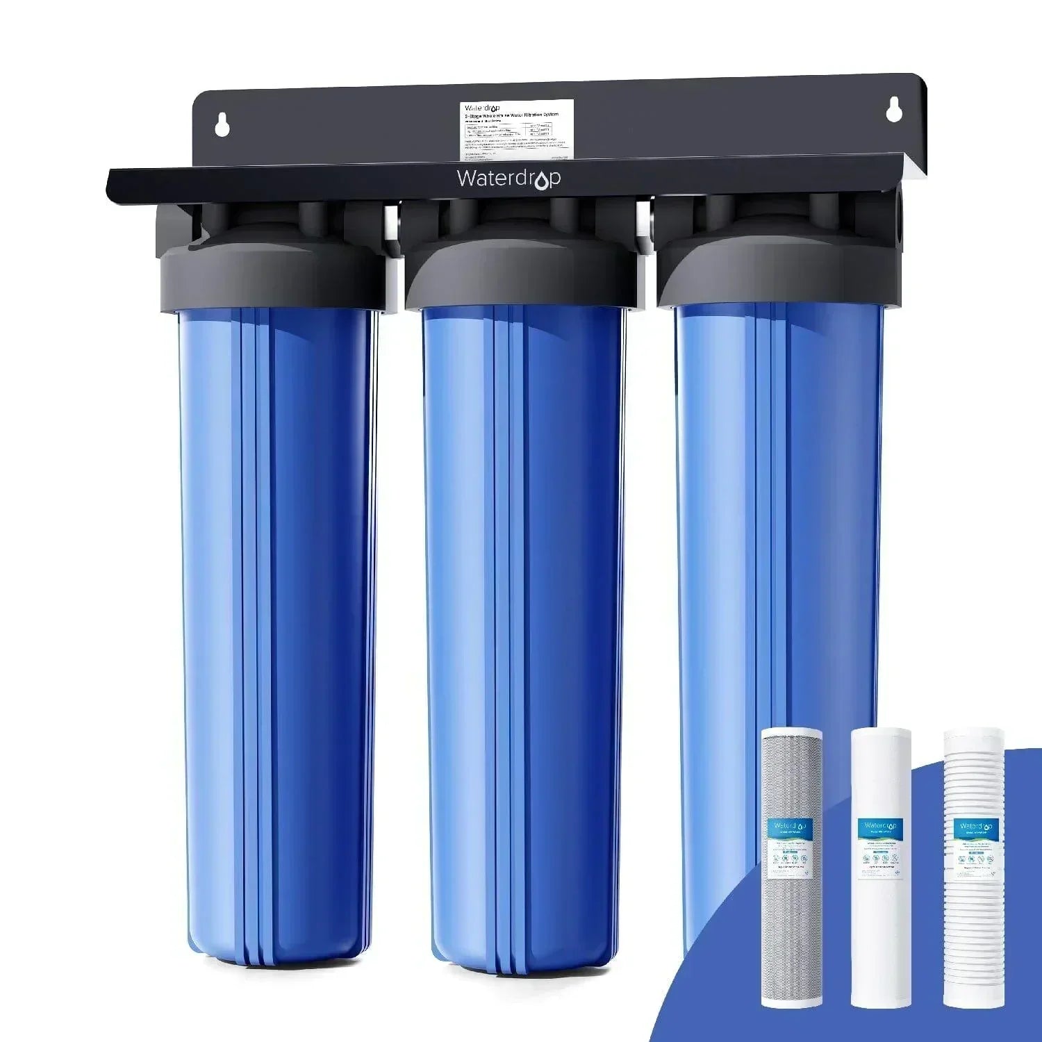 Green Vista Living Waterdrop 3-Stage Whole House Water Filter System with carbon and sediment filters installed in a home plumbing setup.