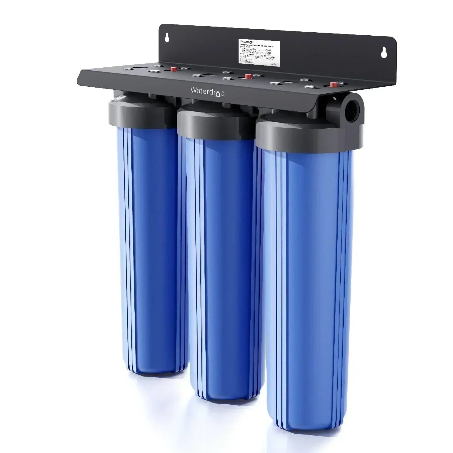 Green Vista Living Waterdrop 3-stage whole house water filter system with carbon and sediment filters installed in a plumbing setup.