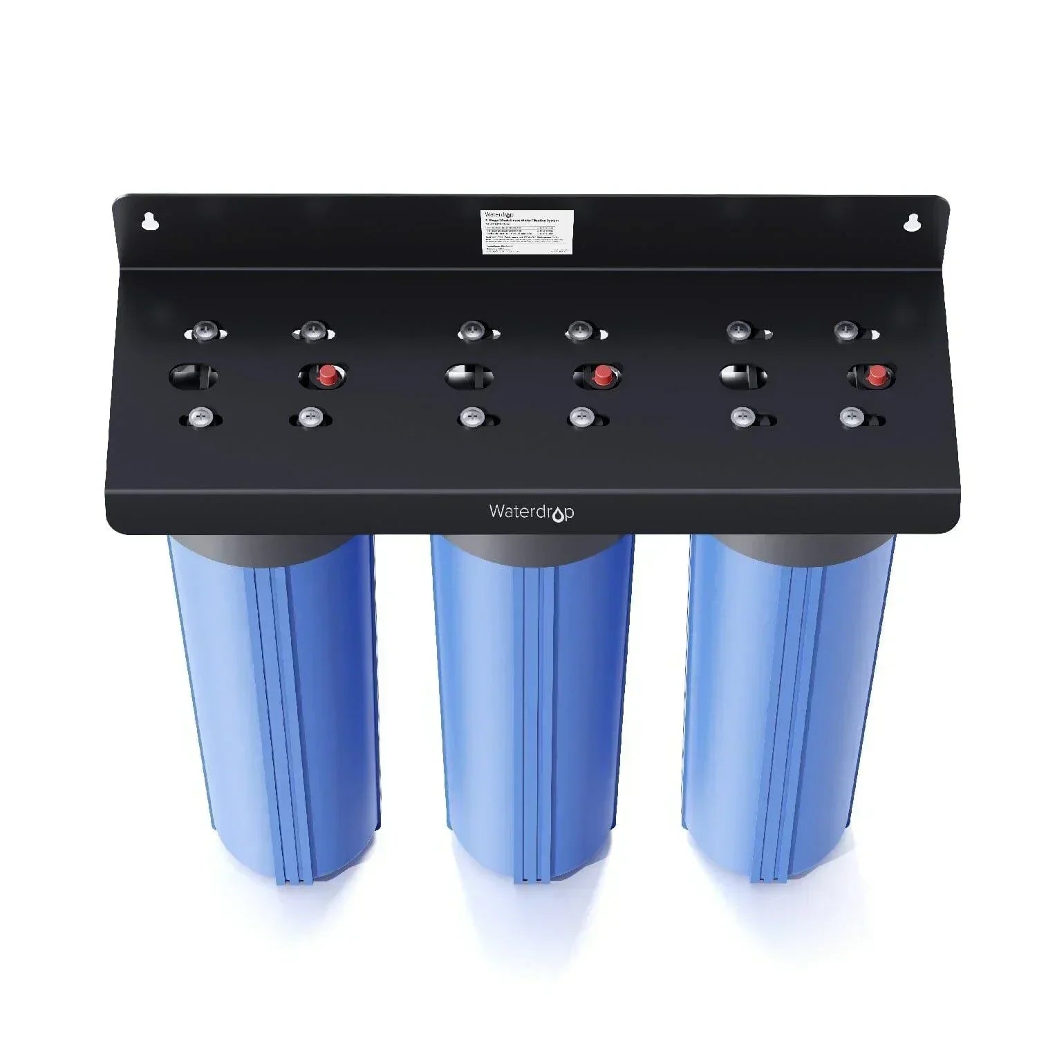 Green Vista Living Waterdrop 3-stage whole house water filter system with carbon and sediment filters installed in a home plumbing setup