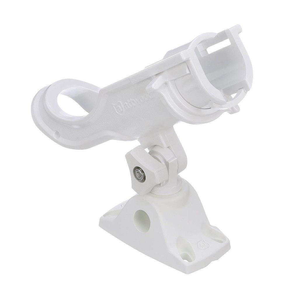 White Attwood heavy-duty adjustable rod holder with combo mount, designed for secure fishing rod storage on boats.