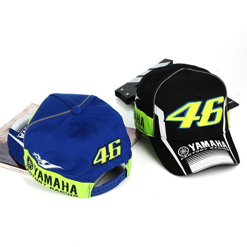 Decorative sport motorcycle baseball cap by Bean's Moto Booth with embroidered motorcycle design on front.