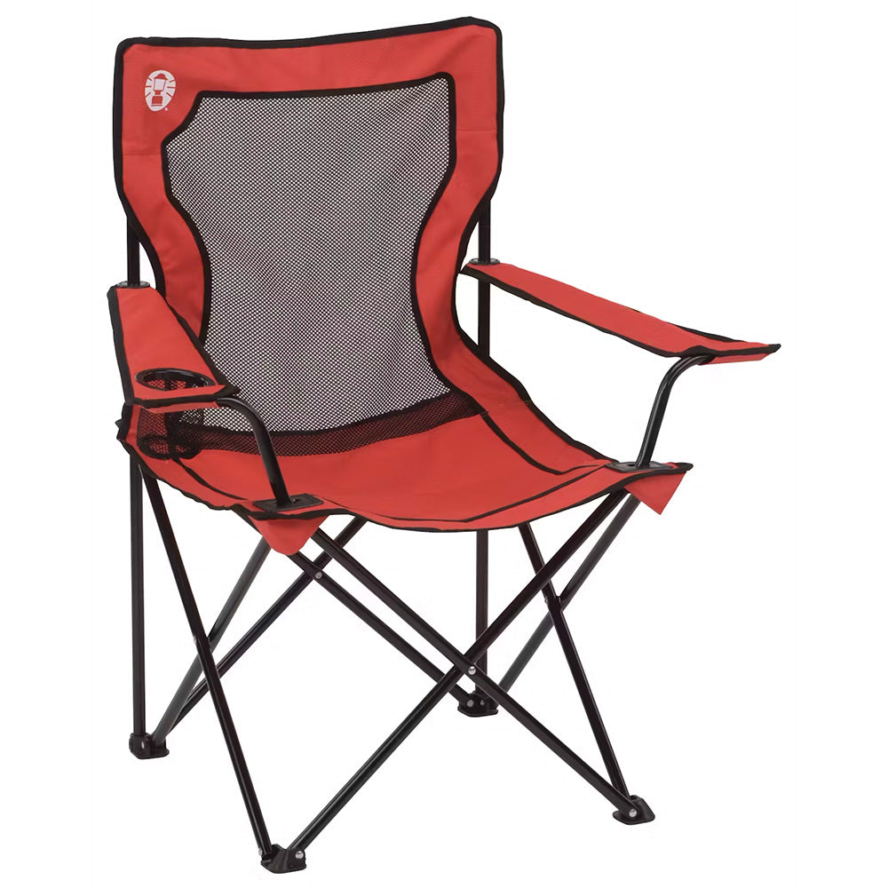 TRAPSKI Coleman Broadband Mesh Quad Camping Chair in red with armrests and mesh back for outdoor relaxation.
