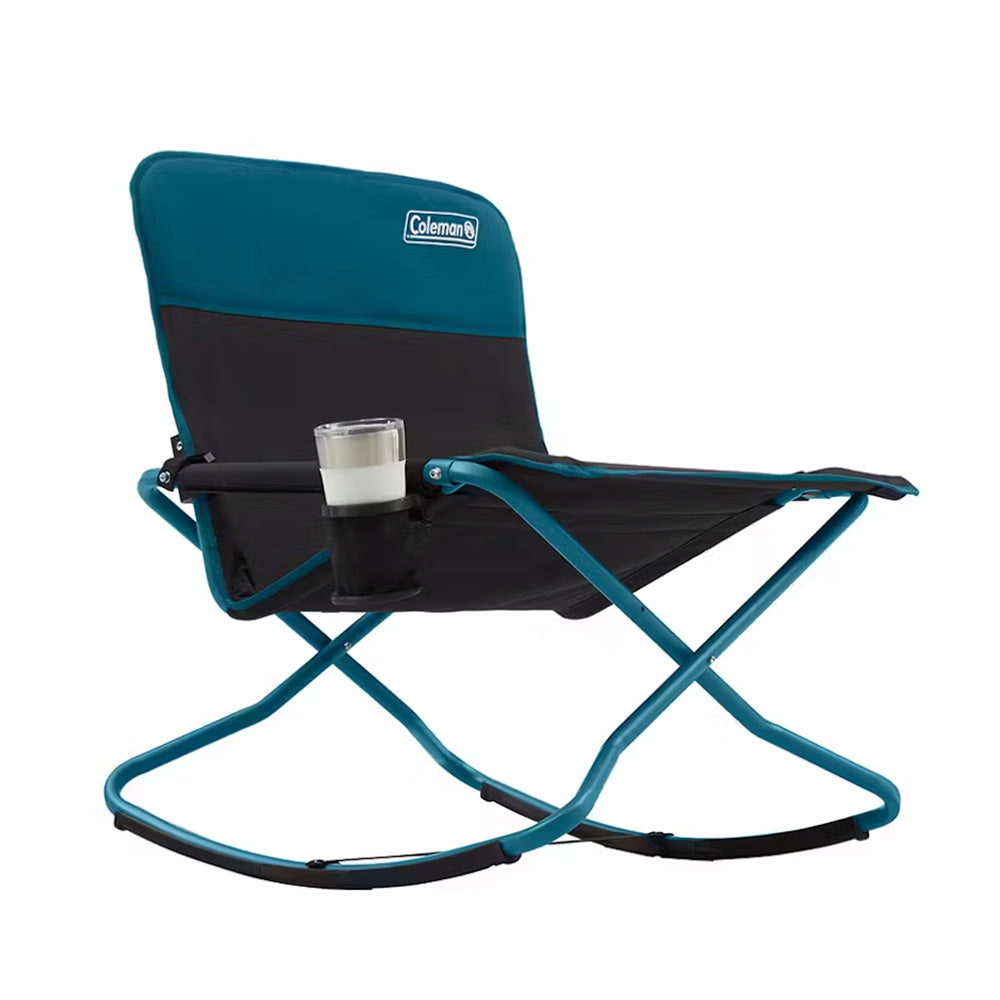 TRAPSKI Coleman Cross Rocker outdoor camping rocking chair in ocean blue with sturdy frame and comfortable design.