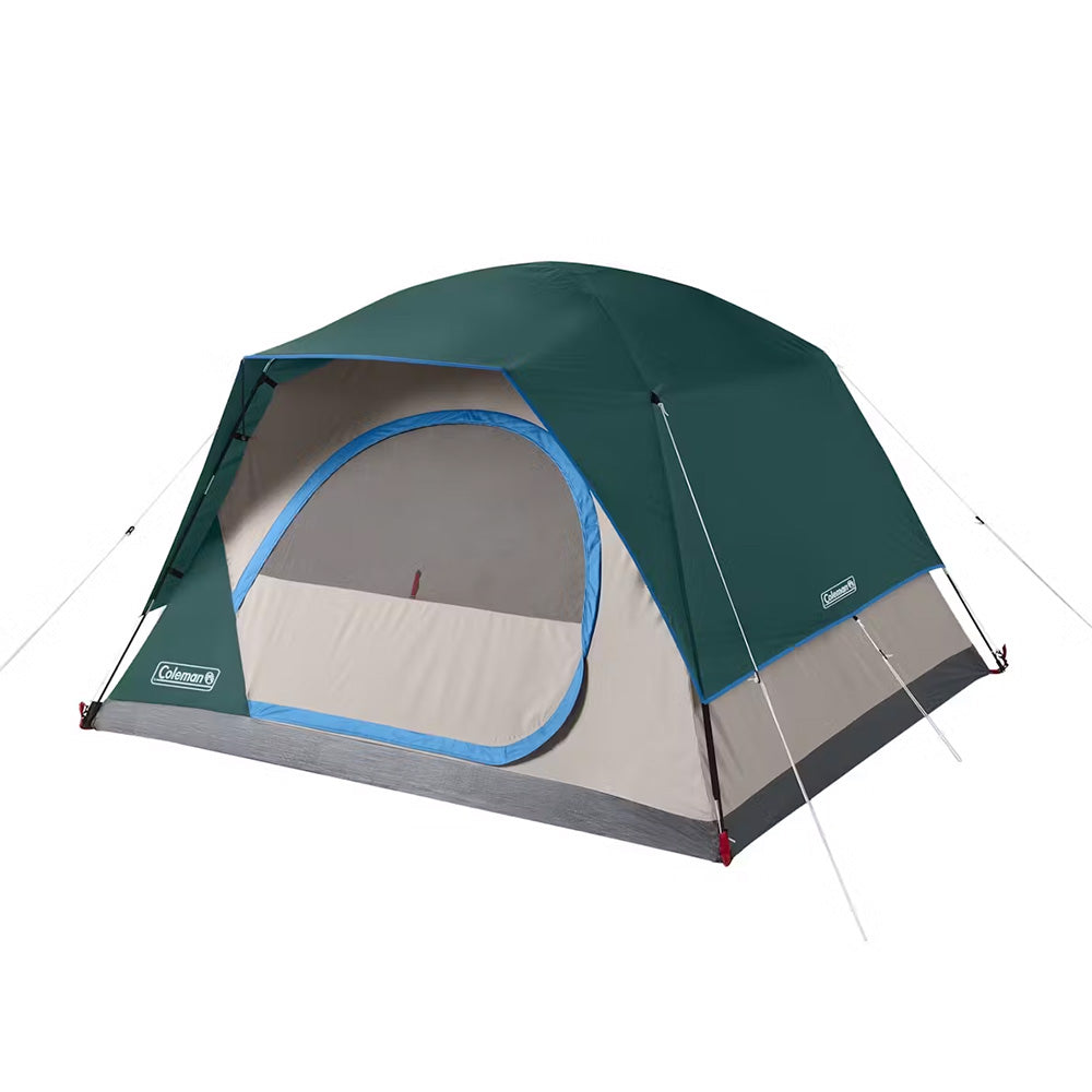 TRAPSKI Coleman 4-Person Skydome camping tent in evergreen color, with rainfly and mesh windows for outdoor shelter.