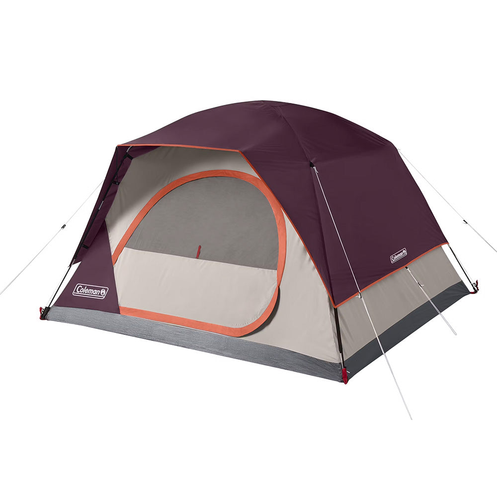 TRAPSKI Coleman 4-Person Skydome Camping Tent in Blackberry, with open doorway and rainfly, suited for outdoor camping adventures.