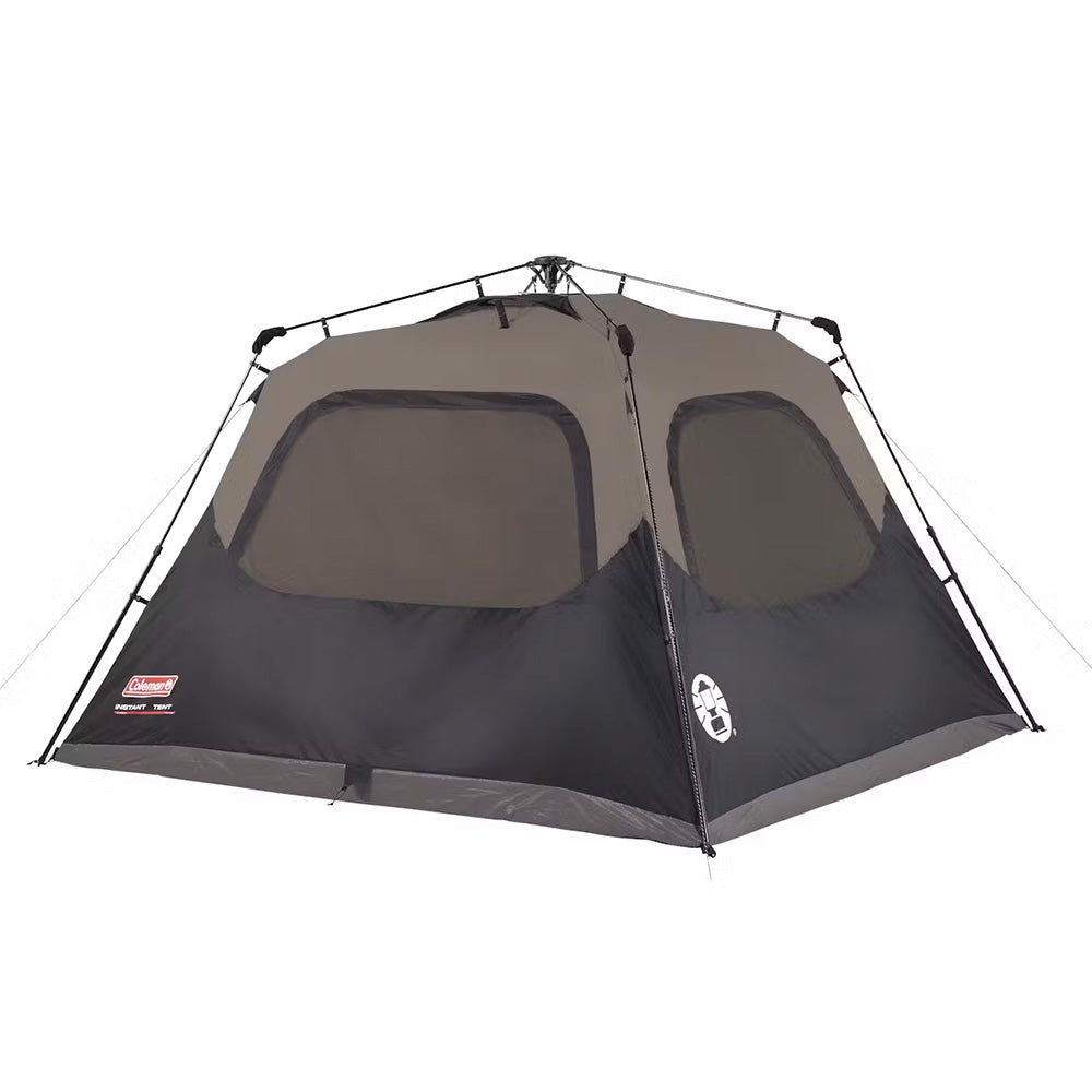 Black Coleman 4-person cabin camping tent with instant setup by TRAPSKI, showcasing its spacious interior and durable fabric.