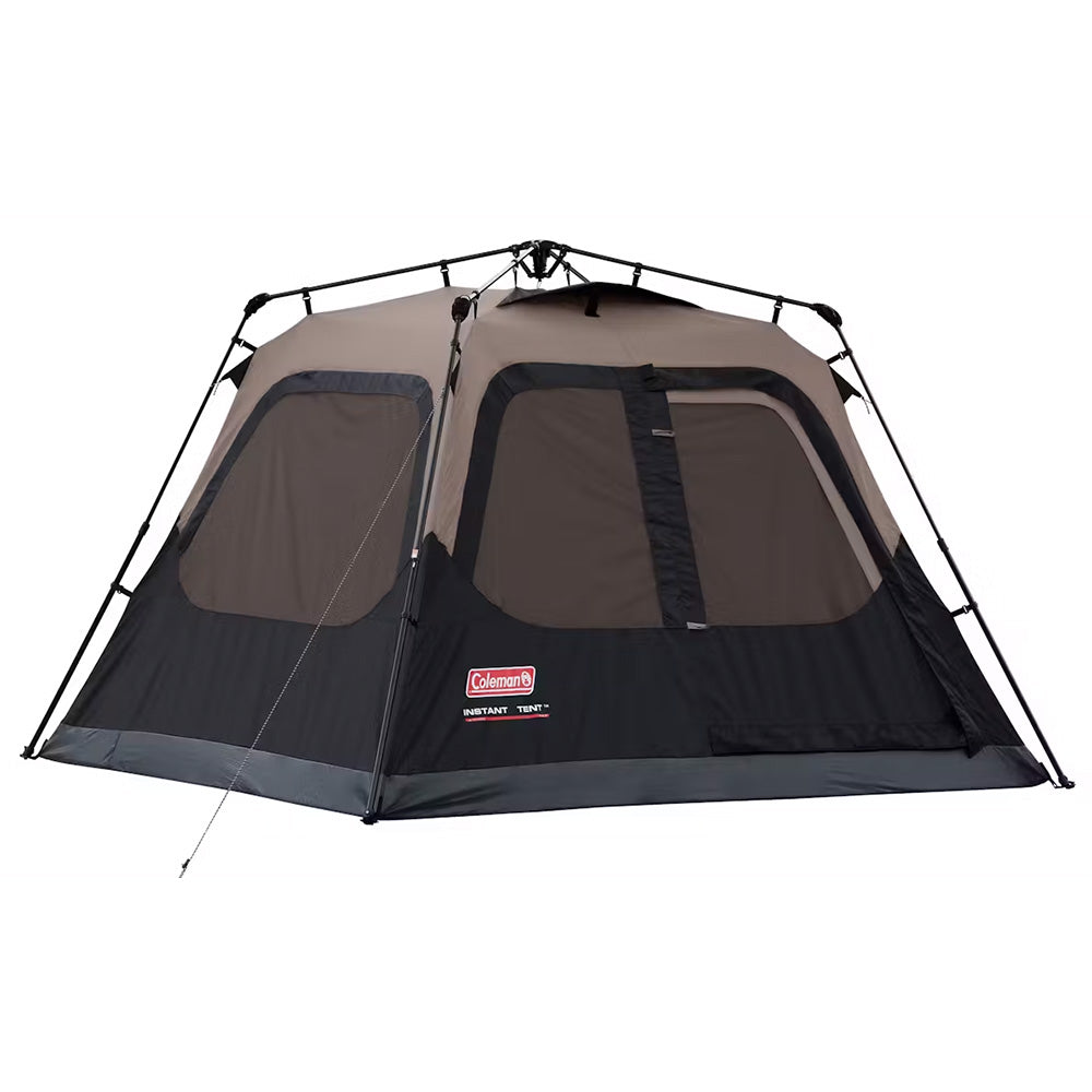 TRAPSKI Coleman 4-person cabin camping tent in black with instant setup, showcasing its spacious design and durable fabric.
