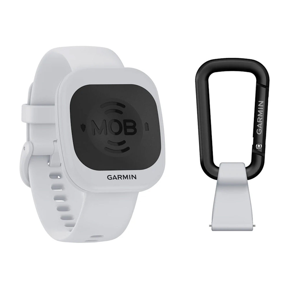 Garmin MOB Tag with white quick release band, trolling motor accessory for safety and quick rescue, by Wake World Parts.
