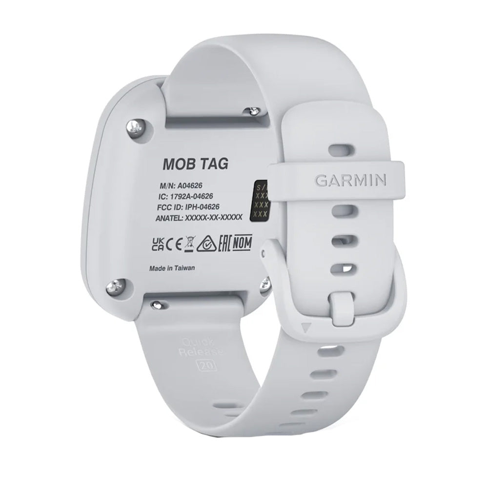Garmin MOB Tag with white quick release band, trolling motor safety accessory for easy recovery and quick attachment.
