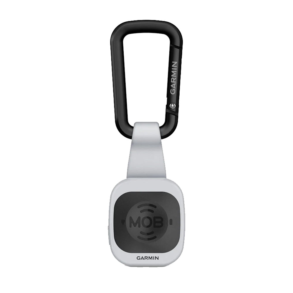 Garmin MOB Tag with white quick release band, trolling motor accessory for safety and quick deployment.