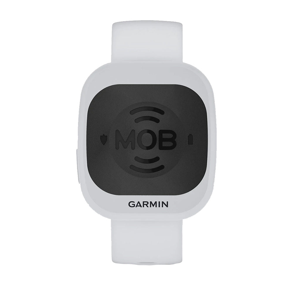 Garmin MOB Tag with white quick-release band, trolling motor safety accessory, designed for marine safety and quick attachment.