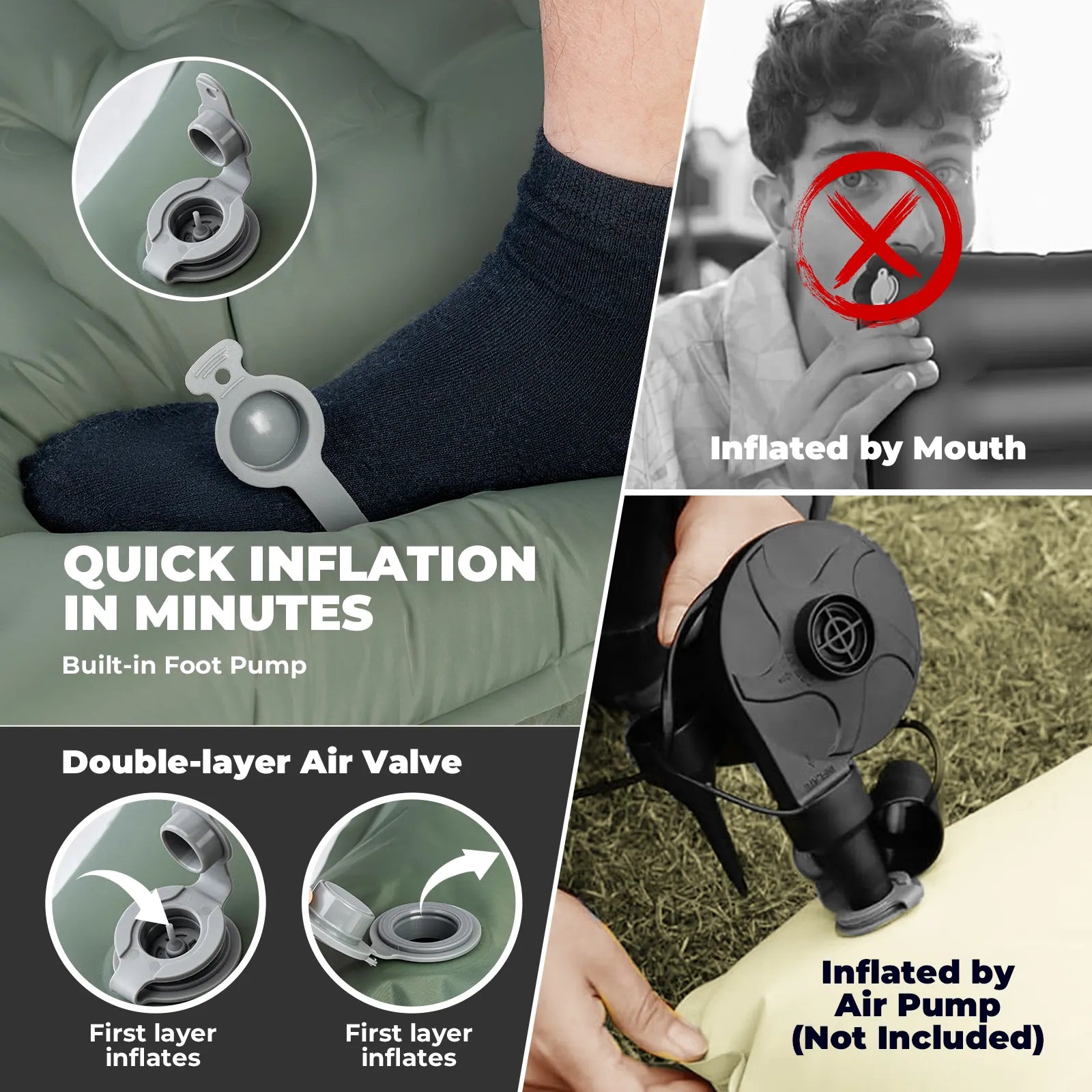 Qunature Global ultra-light inflatable sleeping pad with built-in pillow for outdoor camping, shown fully inflated on a campsite.