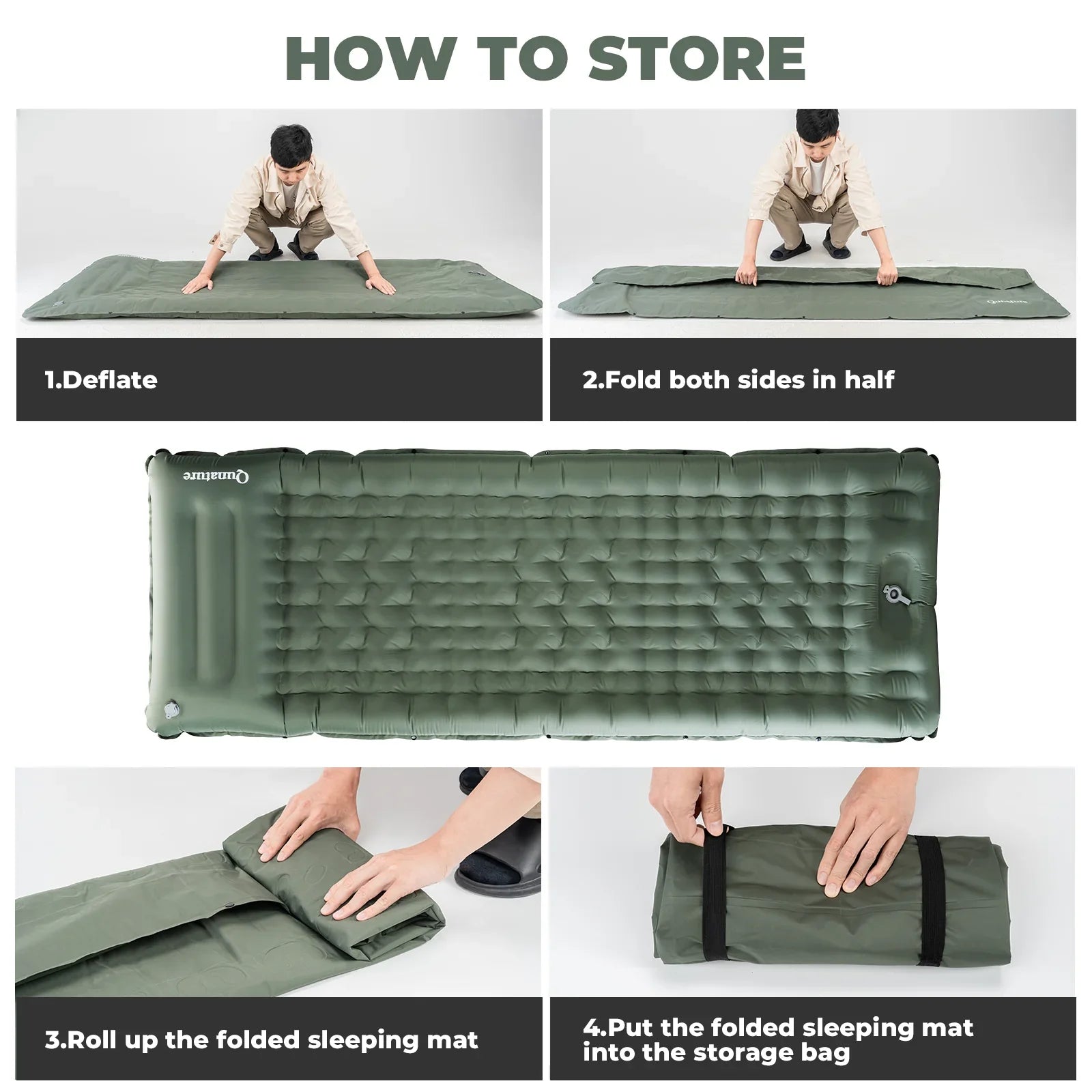 Qunature Global ultra-light inflatable sleeping pad with built-in pillow for outdoor camping, shown inflated on a camping site.