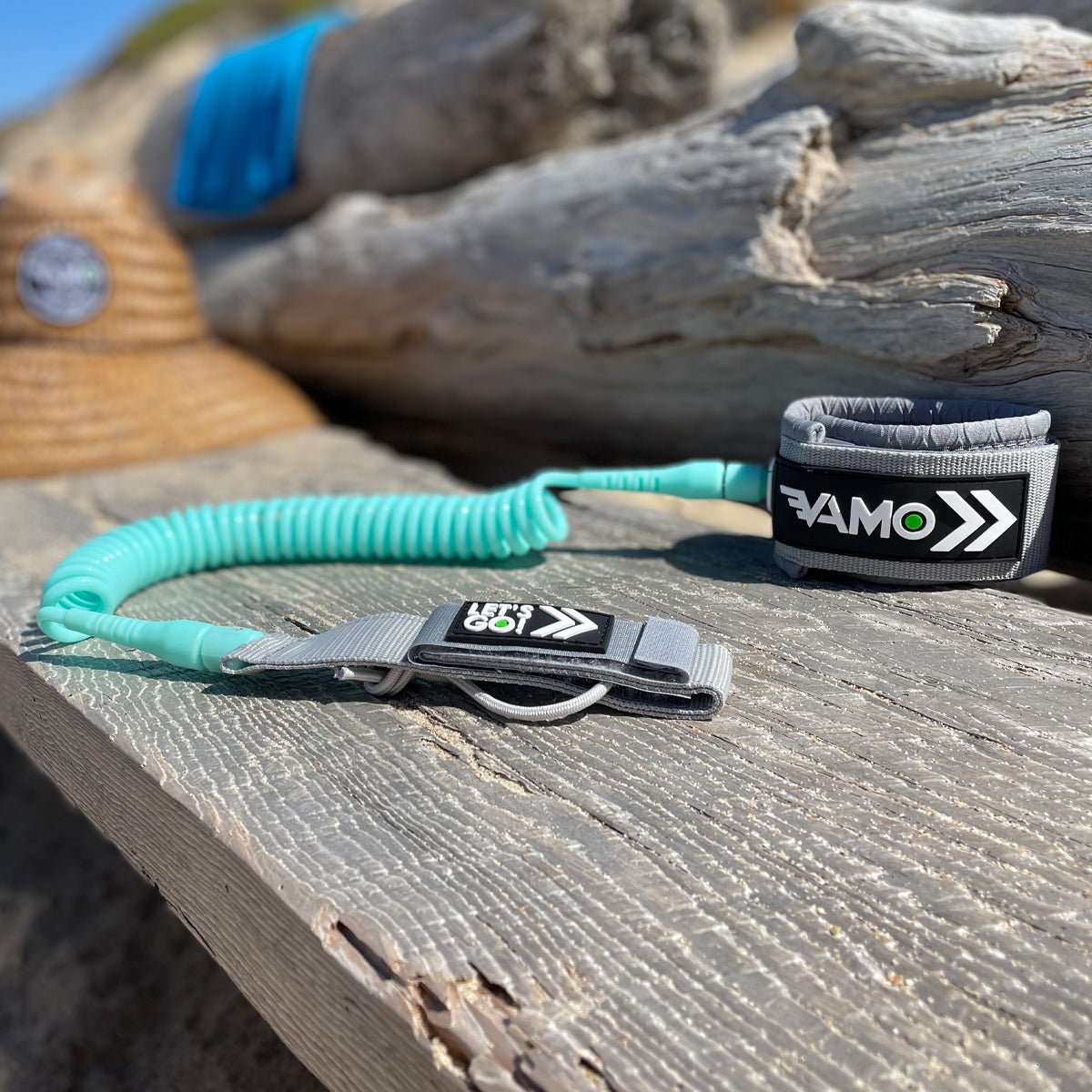 Vamo Life full coil SUP paddleboard leash in pink and wood design, designed to secure your BOTE, YOLO, ISUP, iRocker, Aquaglide, or POP paddleboard.