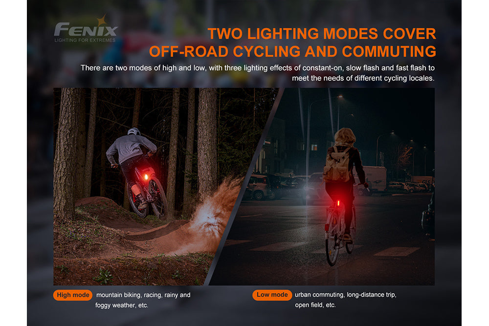 Fenix BC05R V2.0 rechargeable bicycle tail light mounted on a bike, glowing red in a dark environment.