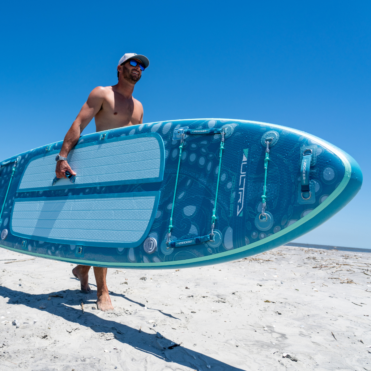 iROCKER US CRUISER ULTRA™ 3.0 paddle board on water, showing sleek design and sturdy construction for recreational paddling.