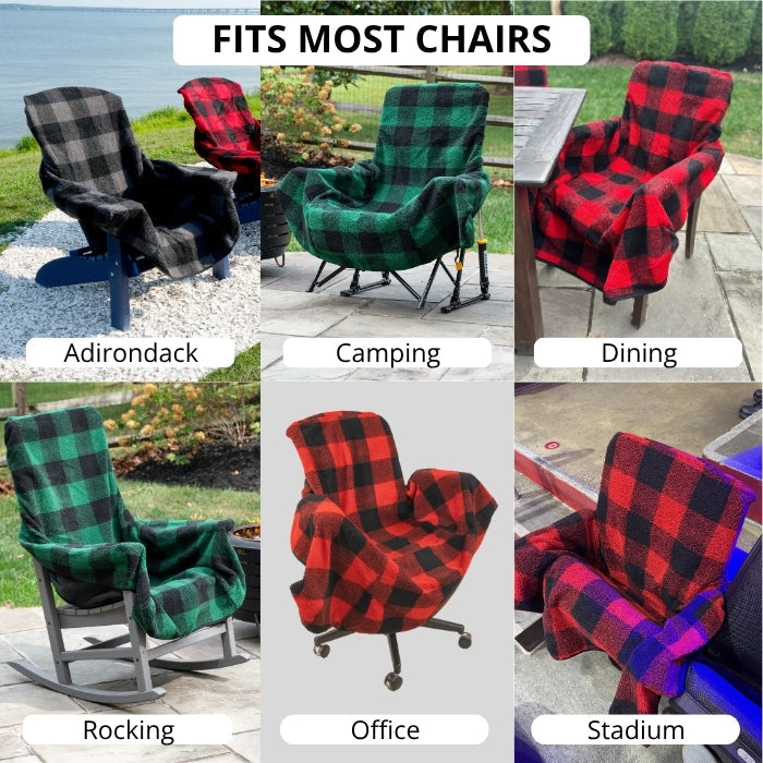 Red plaid City Bonfires Chair Blanket draped over a chair, showcasing its soft, cozy fabric and stylish design.